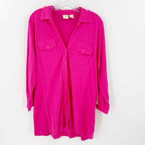 NWT Caribbean Joe Spider Lily Cotton Long Sleeve Pocket Button-Up Top Size Large - Picture 1 of 8